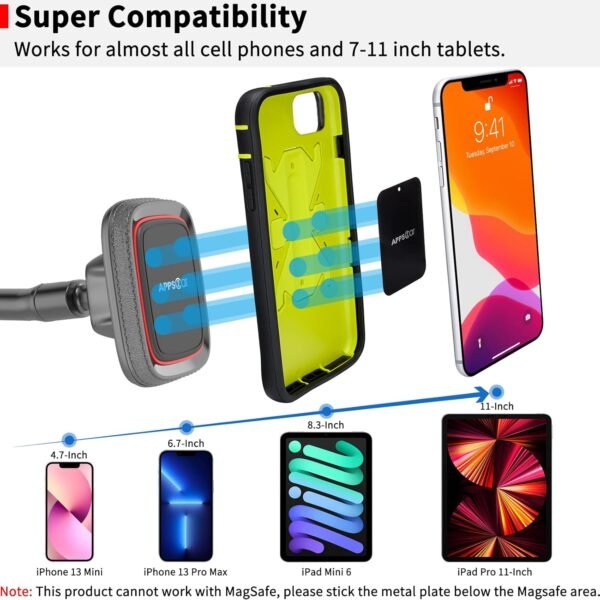 APPS2Car Magnetic Car Phone Holder Mount [Flexible Long Arm] Anti-Shake Windshield Phone Mount [6 Strong Magnets] Cell Phone Holder for Car [Case Friendly] Compatible with iPhone Smartphones Tablets