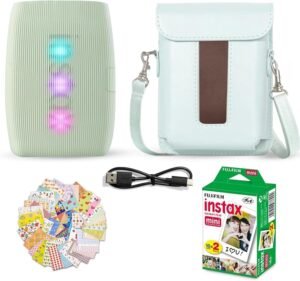 Fujifilm Instax Mini Link 3 Smartphone Printer Sage Green + Fuji Film Value Pack (20 Sheets)+ Shutter Accessories Bundle, Incl. Protective Case, 20 Sticker Frames, USB Type C Cable