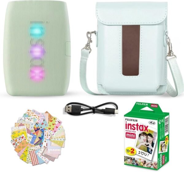 Fujifilm Instax Mini Link 3 Smartphone Printer Sage Green + Fuji Film Value Pack (20 Sheets)+ Shutter Accessories Bundle, Incl. Protective Case, 20 Sticker Frames, USB Type C Cable