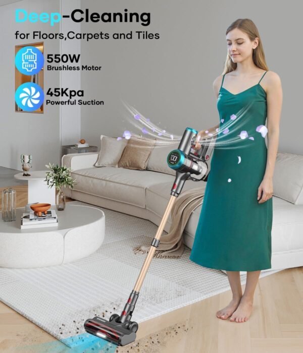Cordless Vacuum Cleaner, 550W 45KPA 60 Mins Runtime Vacuum Cleaners for Home with Smart Display, Stick Vacuum with Charging Dock Station Removable Battery, Handheld Vacuum for Pet Hair/Carpet/Floor