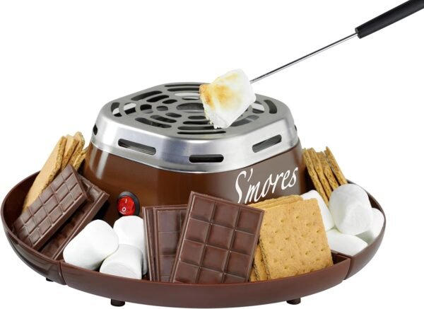 Nostalgia Tabletop Indoor Electric S'mores Maker - Smores Kit With Nostalgia Tabletop Indoor Electric S'mores Maker - Smores Kit With Marshmallow Roasting Sticks and 4 Trays for Graham Crackers, Chocolate, and Marshmallows - Movie Night Supplies - Brown
