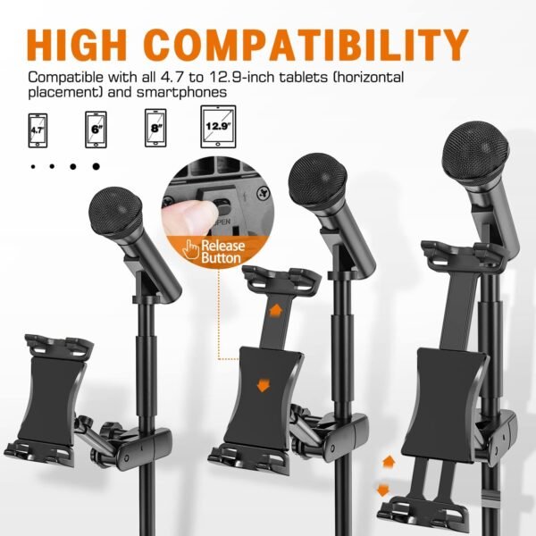 Tablet Holder for Microphone Stand, Mic Music Stand Tablet Holder for iPad, Smartphone Tablet Mic Stand Mount for Shee Music Fits Devices from Screen Size 4.7 to 12.9 Inches