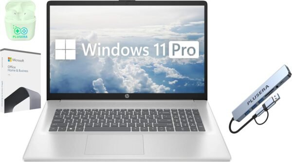 HP 17.3" FHD Business Laptop, 32GB RAM 1.5TB Storage (1TB SSD+512GB Docking Station Set), 6-Cores AMD Ryzen 5, Windows 11 Pro with Microsoft Office Home & Business Included, PLUSERA Earphones, Silver