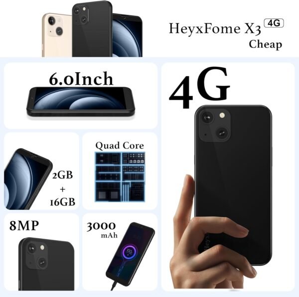 X3 2025 New Cheap 4G LTE GSM Unlocked Android Phones 6.0” Cell Phone 3000mAh Android Phone 8MP Smartphone 16GB Dual SIM Face Unlocked (Black)