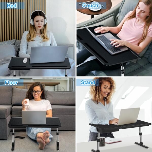 Laptop Bed Desk, X-Large Leather Adjustable Computer Bed Table Tray, Foldable Laptop Lap Desk for Bed Sofa Couch Floor Writing Eating Working with Drawer 2 Movable Stoppers (23.6 inch, Black)