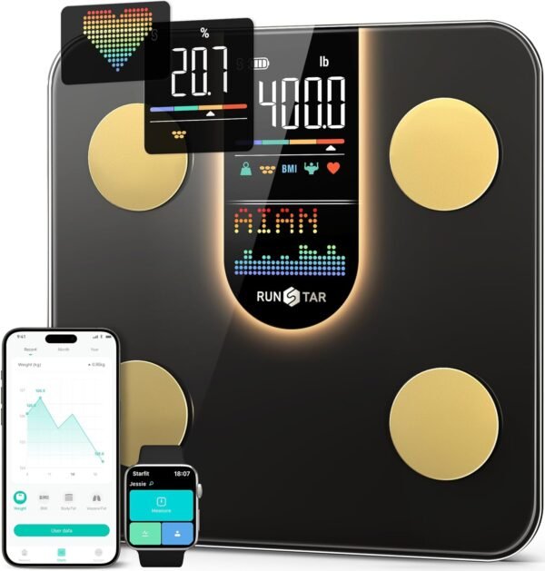 Runstar Scale for Body Weight, Smart Scale with 8-in-1 VA Display, High Precision Bathroom Digital Scale for Body Weight Heart Rate BMI Body Fat 22 Body Composition Sync APP, FSA HSA Eligible