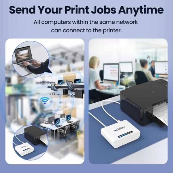Wireless Print Server, Share a Printer to Multiple Computer with 1 Port USB2.0 Wide Compatibility Convert Printer to Wirelesss Support Ethernet WiFi Connect Network LK100W