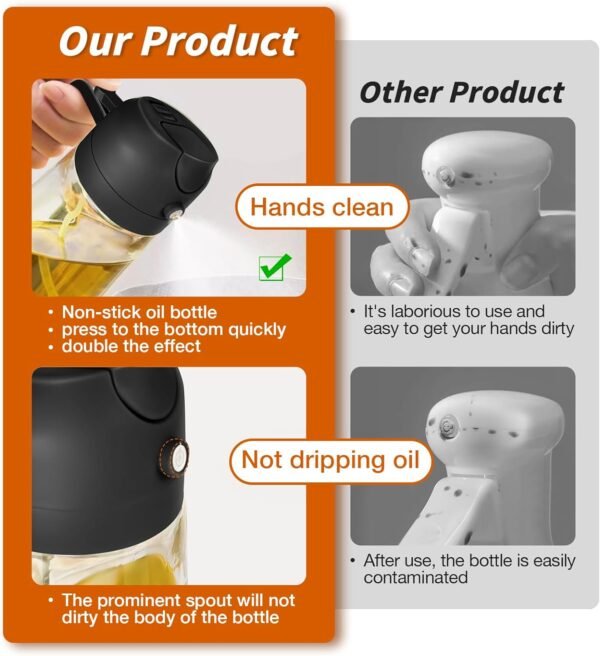 YARRAMATE Oil Sprayer for Cooking, 2 in 1 Olive Oil Dispenser Bottle for Kitchen, 16oz/470ml Premium Glass Oil Bottle, Food-grade Oil Mister for Air Fryer, Salad, Frying, BBQ (Black)