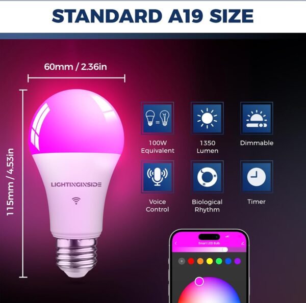 Smart Light Bulbs 100W Equivalent, 1350LM 11W WiFi Smart Bulb Compatible with Alexa/Google Assistant/Smart Life, A19 E26 RGBCW Color Changing, No Hub Required,2.4G WiFi, ETL Listed,4PCS