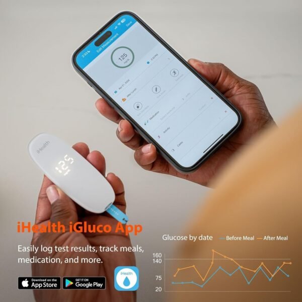 iHealth Gluco+ Wireless Smart Blood Glucose Monitor Kit with Free App, 100 Glucometer Strips, 100 Lancets, 1 Blood Sugar Monitor, 1 Lancing Device, Portable Diabetes Testing Kit for Home Use