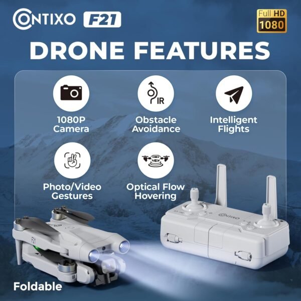 Contixo F21 RC Quadcopter Drone with Camera 1080P, FPV Drone, Drones for Adults, ISM Frequency, 1920X1080P Photo, 3D Flips, Altitude Hold, and Gesture Selfie 100M, FOV 60°, Brushless Motor