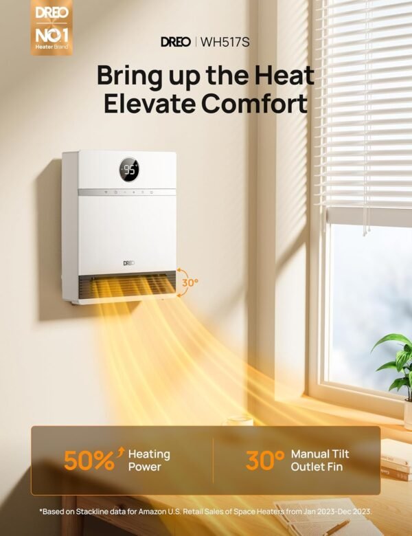 Dreo Smart Wall Heater, IP24 Electric PTC Space Heater for Indoor Use, 30° Oscillation, Adjustable Thermostat, Remote Control, Works with Alexa, 24H Timer, Easy-mounted Heater for Bedroom, Office