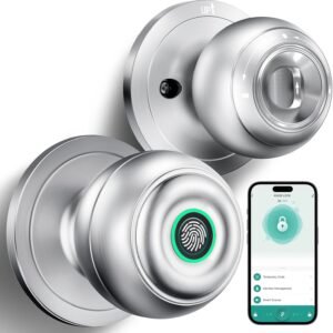 Fingerprint Door Lock, Smart Fingerprint Door Knob with Lock, Biometric Door Lock with App Control & Key, Keyless Thumbprint Entry Door Lock for Bedroom, Front Door, Home, Apartment-Silver