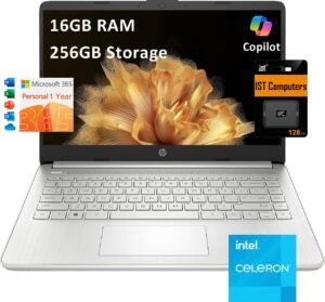 HP 14 Laptop (14" Anti-glare, Intel Celeron N4120, 16GB RAM, 256GB Storage (128GB eMMC + 128GB IST SD Card)) School & Business, 11Hr Battery Life, 1-Year Office 365, Win 11 Home S w/AI Copilot, Silver