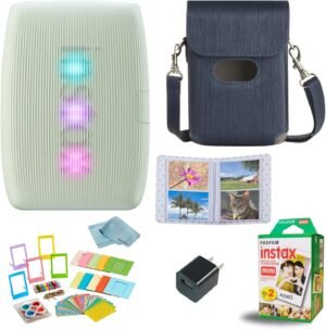 Fujifilm INSTAX Mini Link 3 Smartphone Printer + INSTAX Mini Instant Film (20 Sheets) + USB Wall Charger + BluebirdSales Travel Bag, Photo Album, Microfiber Cleaning Cloth (Sage Green)