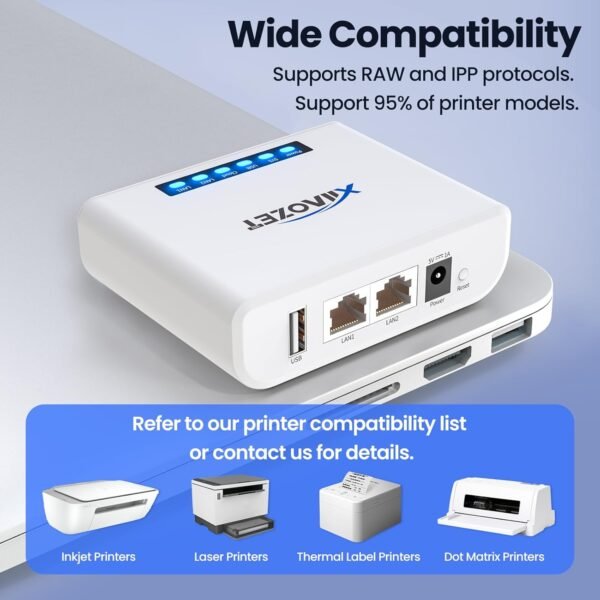 Wireless Print Server, Share a Printer to Multiple Computer with 1 Port USB2.0 Wide Compatibility Convert Printer to Wirelesss Support Ethernet WiFi Connect Network LK100W