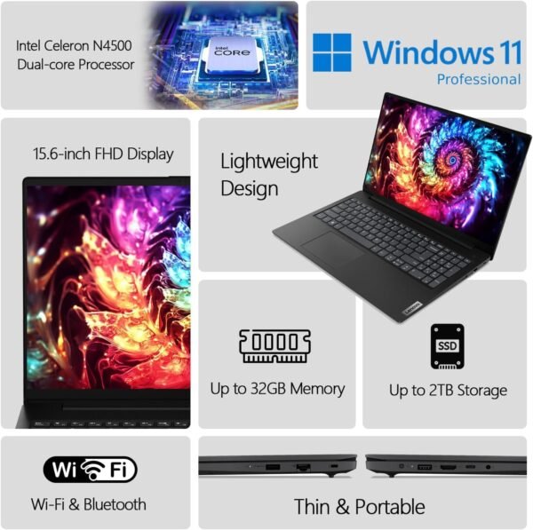 Lenovo V15 Business Laptop Computer, 15.6" FHD Display, Intel Dual-Core CPU, 16GB DDR4 RAM, 256GB PCIe SSD, WiFi 6, Bluetooth 5.2, RJ-45, Type-C, HDMI, Numeric Keypad, Black, Windows 11 Pro, Tichang