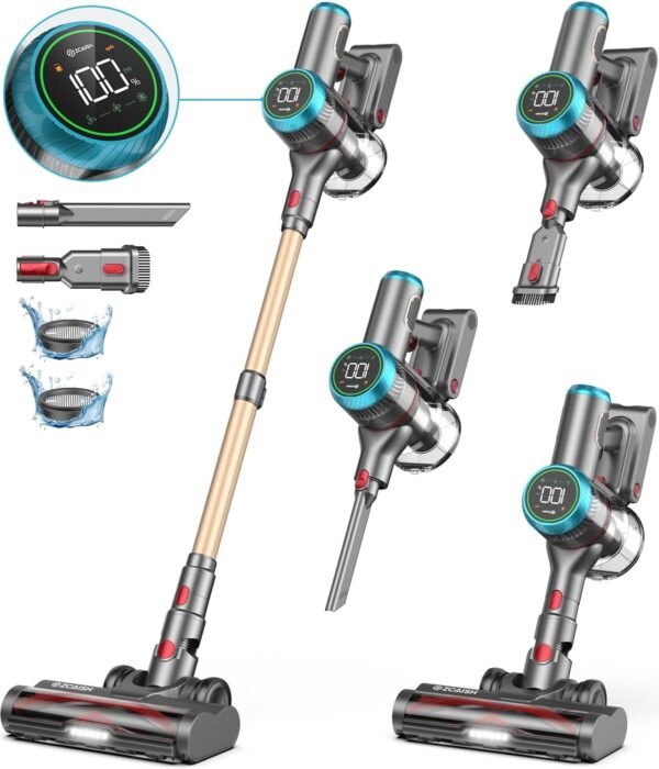 Cordless Vacuum Cleaner, 550W 45KPA 60 Mins Runtime Vacuum Cleaners for Home with Smart Display, Stick Vacuum with Charging Dock Station Removable Battery, Handheld Vacuum for Pet Hair/Carpet/Floor