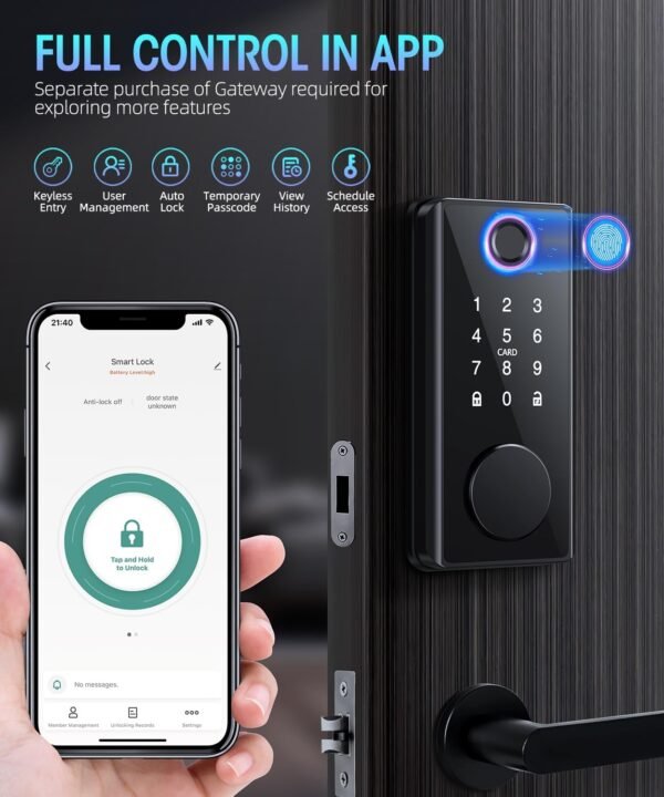 Keyless Entry Fingerprint Door Lock - Smart Deadbolt Lock for Front Door with Keypad - Electronic Lock with APP - Biometric Digital Lock with Code - Auto Lock