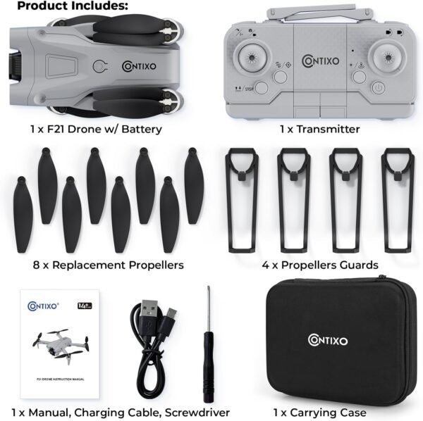 Contixo F21 RC Quadcopter Drone with Camera 1080P, FPV Drone, Drones for Adults, ISM Frequency, 1920X1080P Photo, 3D Flips, Altitude Hold, and Gesture Selfie 100M, FOV 60°, Brushless Motor