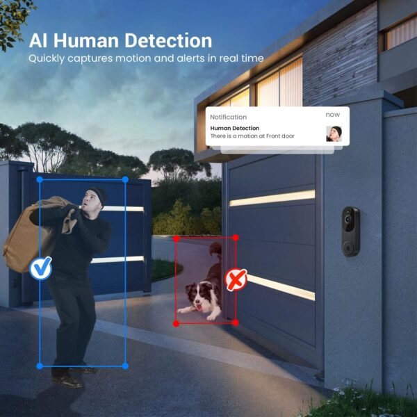 Smart Video Doorbell Camera Wireless, AI Human Detection and Instant Alerts, Night Vision, 2-Way Audio, Battery Powered, Cloud Storage Sold Seperately, 2.4G WiFi (Chime not Included)