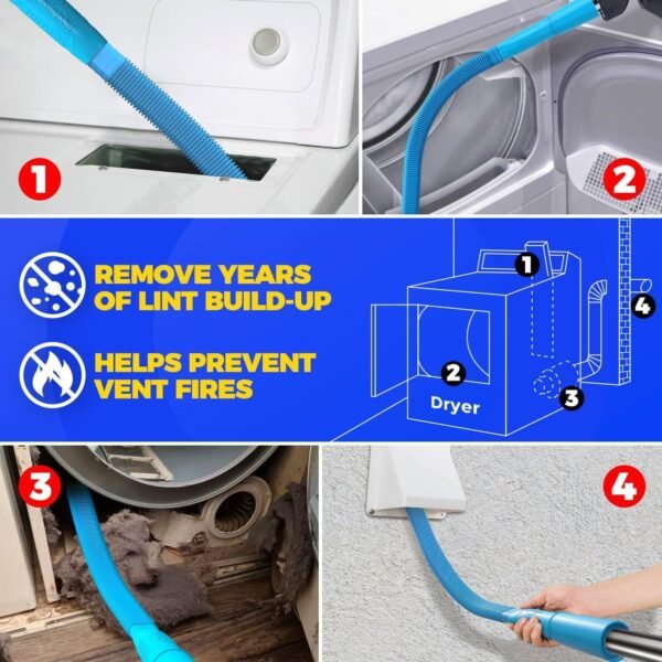 Holikme 2 Pieces Dryer Vent Cleaner Kit, Dryer Lint Vacuum Attachment and Flexible Dryer Lint Brush, Dryer Vent Vacuum Hose Attachment, Blue