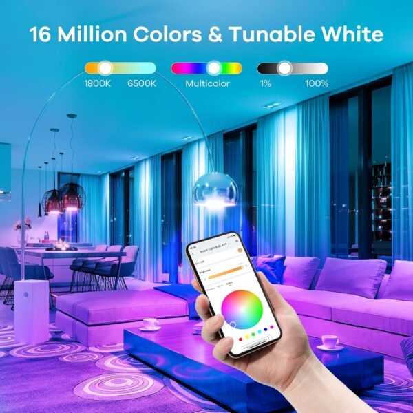 Linkind Color Changing Smart WiFi Light Bulbs, Work with Alexa & Google Home, A19 E26 Dimmable RGBTW Bulbs, No Hub Needed, 800 Lumen, 2.4Ghz WiFi, 6 Pack