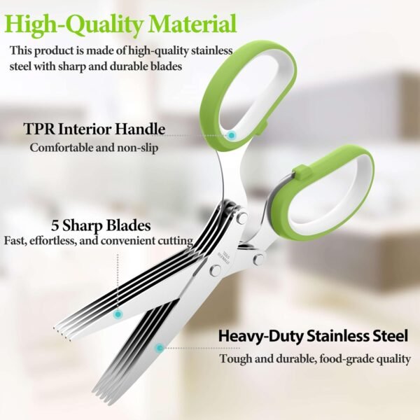 Herb Scissors, Herb Scissors with 5 Blades and Cover – Sharp Dishwasher Safe Kitchen Scissors, Must-Have Kitchen Gadgets, Cool Gadgets, Herb Shears Cutter tool, Green