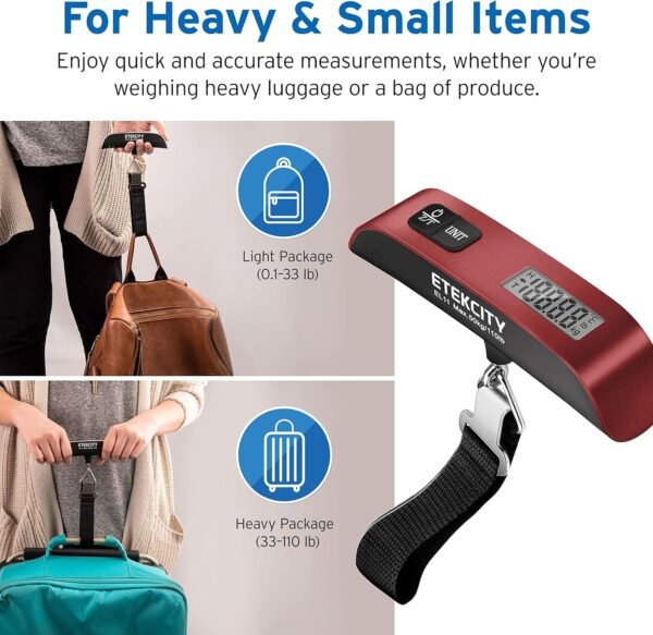 Etekcity Luggage Scale for Travel Essentials, Digital Suitcase Weight Scale with Hook, Travel Accessories for Portable Hanging Baggage, 110 Pounds, Battery Included