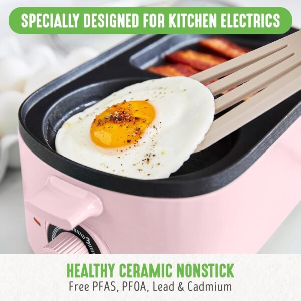 GreenLife 3-in-1 Breakfast Station, Ceramic Nonstick Dual Griddles for Eggs, Meat, Pancakes & Sandwiches + 2-Slice Toast Drawer, Healthy Cooking, Timer, Versatile Morning Meal Maker, Pink