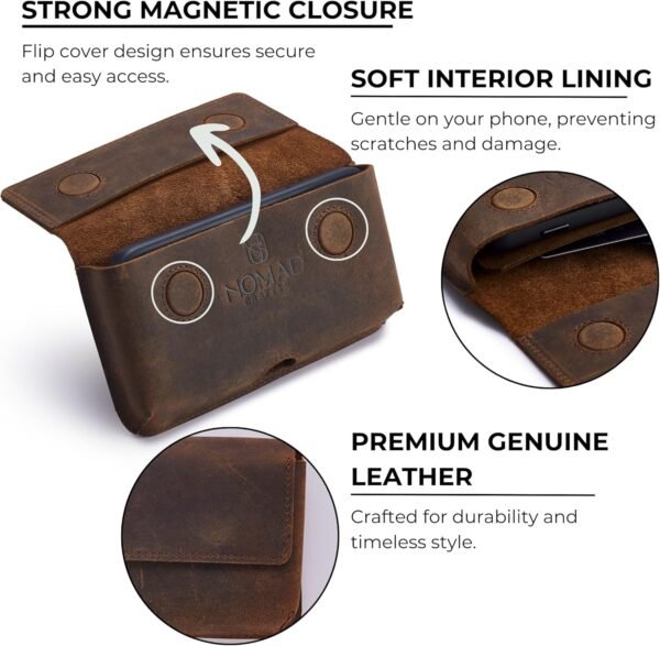 Genuine Leather Horizontal Phone Holster for Men, Horizontal Cell Phone Holder for Belt w/Magnet Closures, Handcrafted Cellphone Case for iPhone and Smartphones