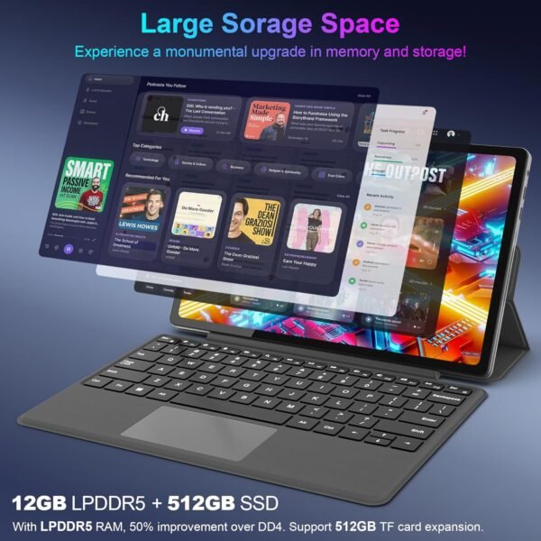 jumper 2025 New 2-in-1 Laptop/Tablet, 12 Inch 2K FHD IPS Touchscreen, Quad-core N100, 12GB DDR5 RAM 512GB SSD, Windows 11 Tablet with Magnetic Keyboard, Dual Stereo Speakers, Dual Camera, 2 Type-C