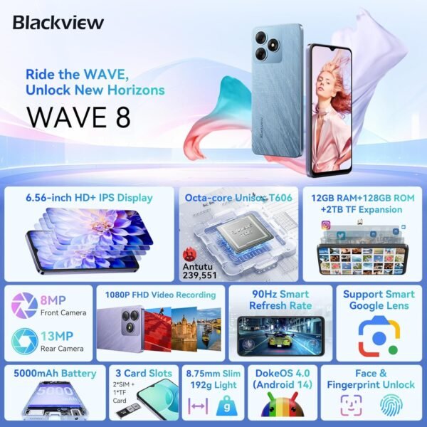 Blackview Wave 8 Android 14 Smartphones, Octa-core 12GB +128GB Expand 2TB Android Phone Unlocked, 90Hz Display, Fingerprint & Face Unlock, 5000mAh Cell Phones, 2 Years Warranty, 3.5mm Earphone Jack