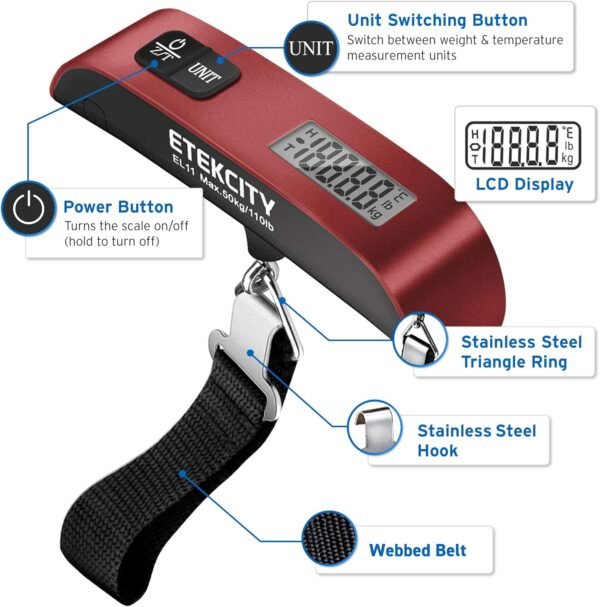 Etekcity Luggage Scale for Travel Essentials, Digital Suitcase Weight Scale with Hook, Travel Accessories for Portable Hanging Baggage, 110 Pounds, Battery Included