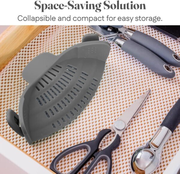 Kitchen Gizmo Snap N' Strain - Silicone Pasta Strainer Clip-On for Pots and Pans - Heat Resistant Colander for Vegetables and Noodles - Kitchen Gadgets for Cooking - Space-Saving Design - Grey