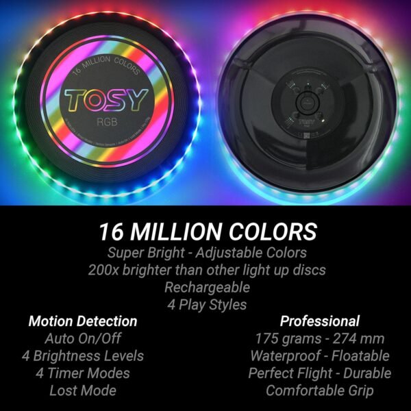 TOSY Flying Disc - 16 Million Color RGB or 36 LEDs, Extremely Bright, Smart Modes, Auto Light Up, Rechargeable, Easter, Birthday & Camping Gift for Men/Boys/Girls/Teens/Kids, 175g Frisbee