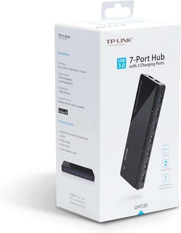 TP-Link Powered USB Hub 3.0 with 7 USB 3.0 Data Ports and 2 Smart Charging USB Ports. Compatible with Windows, Mac, Chrome & Linux OS, with Power On/Off Button, 12V/4A Power Adapter(UH720)