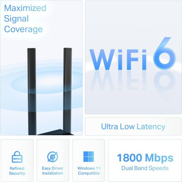 61NiGgIebAL._AC_SL1500_.jpg TP-Link WiFi 6 USB Adapter for Desktop PC - (Archer TX20U Plus) AX1800 Wireless Network Adapter with 2.4GHz, 5GHz, High Gain Dual Band 5dBi Antenna, WPA3, Supports Windows 11/10