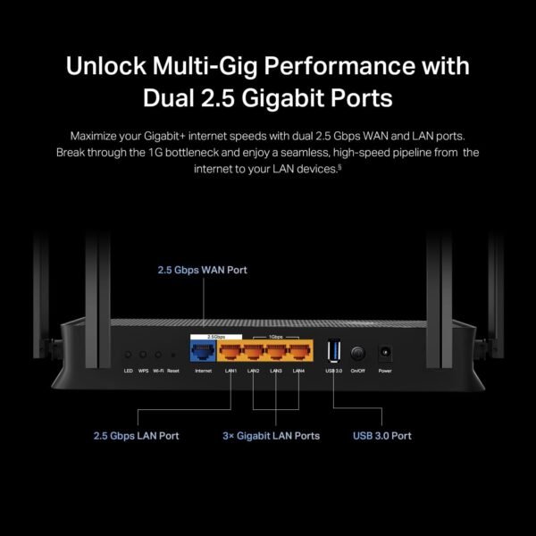 TP-Link Dual-Band BE3600 Wi-Fi 7 Router Archer BE230 | 4-Stream 3.6 Gbps | 2×2.5G + 3×1G Ports, USB 3.0, 2.0 GHz Quad Core, 4 Antennas | VPN Clients & Server | EasyMesh, HomeShield, MLO, Private IOT