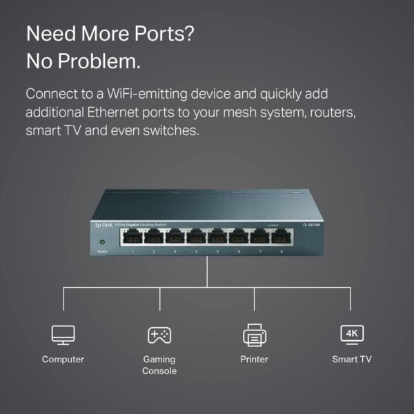 TP-Link TL-SG108 8 Port Gigabit Unmanaged Ethernet Network Switch, Ethernet Splitter Plug & Play Fanless Metal Design Shielded Ports Traffic Optimization