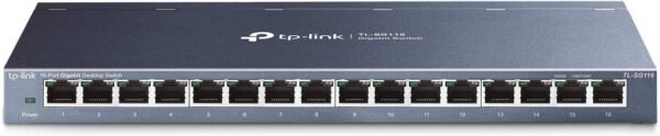 TP-Link 16 Port Gigabit Ethernet Network Switch, Desktop/ Wall-Mount, Fanless, TP-Link 16 Port Gigabit Ethernet Network Switch, Desktop/ Wall-Mount, Fanless, Sturdy Metal w/ Shielded Ports, Traffic Optimization, Unmanaged (TL-SG116) Black