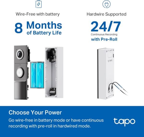 TP-Link Tapo Smart Video Doorbell Camera with Chime, Battery or Wired, 2K QHD Color Night Vison, No Monthly Fee, 180° Ultra-Wide Head-to-Toe View, Ring Call, Free AI Detection, Local Storage (D225)
