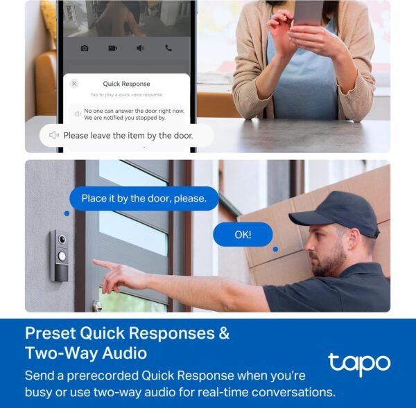 TP-Link Tapo Smart Video Doorbell Camera with Chime, Battery or Wired, 2K QHD Color Night Vison, No Monthly Fee, 180° Ultra-Wide Head-to-Toe View, Ring Call, Free AI Detection, Local Storage (D225)