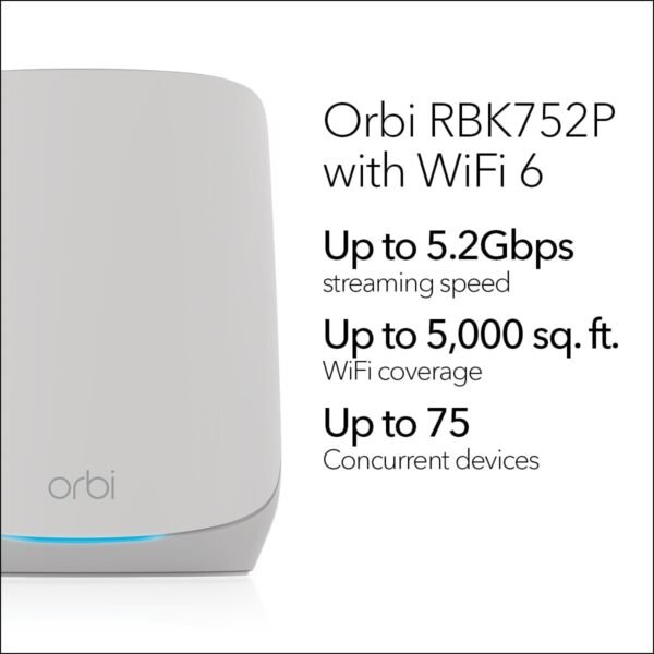 51Gh7VxA1oL._AC_SL1200_.jpg NETGEAR Orbi Whole Home Tri-Band WiFi 6 Mesh Network System (RBK752P) – Router with 1 Satellite Extender, Security Features, Coverage up to 5,000 sq. ft., 75 Devices, AX5200 802.11ax (Up to 5.2Gbps)