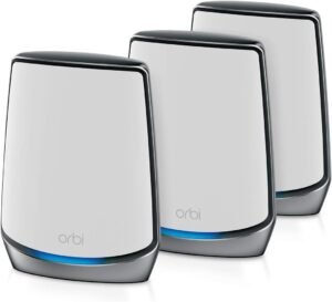 NETGEAR Orbi Whole Home Tri-band WiFi 6 Mesh Network System NETGEAR Orbi Whole Home Tri-band WiFi 6 Mesh Network System (RBK853) – Router With 2 Satellite Extenders, Security Features, Coverage Up To 7,500 Square Feet, 100 Devices, AX6000 (Up to 6Gbps)