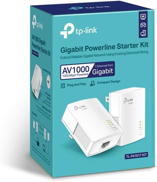 51TujQQ6BfL._AC_SL1000_.jpg TP-Link AV1000 Powerline Starter Kit (TL-PA7017 KIT) - Gigabit Port, Plug&Play, Ethernet Over Power, Nano Size, Ideal for Smart TV, Online Gaming, Wired Connection Only (Renewed)