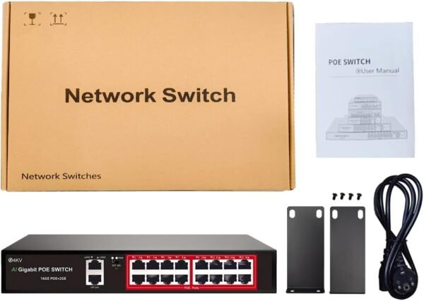 51bG9WuhiIL._AC_SL1001_.jpg STEAMEMO 16 Port Gigabit PoE Switch, Smart Managed Gigabit Ethernet Switch, 16 PoE+ Ports@240W, Plug and Play, Vlan, Fanless, Desktop or Rackmount, Overload Protection w/ Port