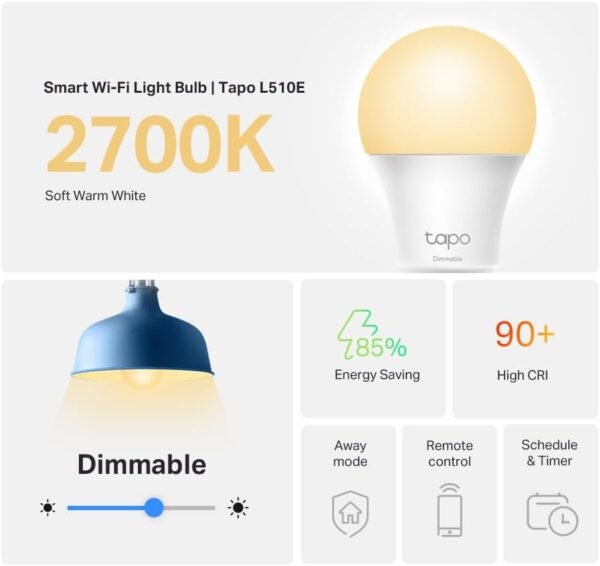 51lrNcpAUL._AC_SL1000_.jpg Tapo TP-Link Smart Light Bulbs, 800 Lumens (60W Equivalent), 2700K Soft Warm White LED Bulb, Dimmable, Compatible with Alexa and Google Home, No Hub Required, A19 E26, L510E (4-Pack)