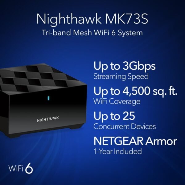610rrxrbGvL._AC_SL1200_.jpg NETGEAR Nighthawk Tri-Band Whole Home Mesh WiFi 6 System (MK73S) – Router + 2 Satellite Extenders - 3Gbps Speed - Coverage up to 4,500 sq. ft., 25 Devices - Includes 1-Year Armor – AX3000 802.11ax