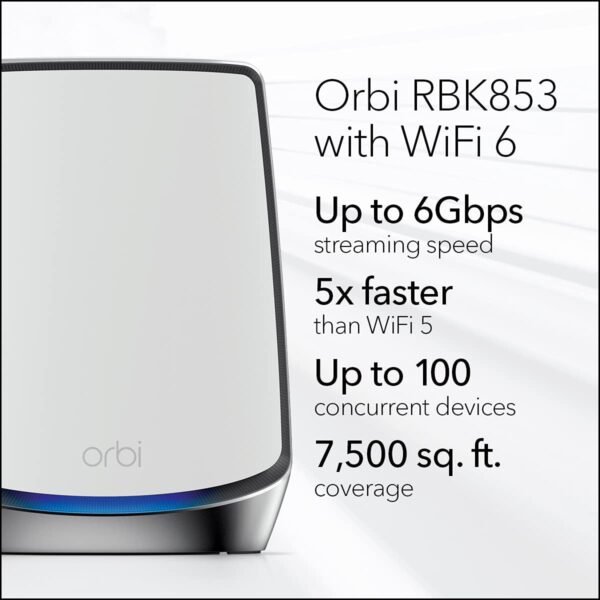 61CkRWZIYjL._AC_SL1200_.jpg NETGEAR Orbi Whole Home Tri-band WiFi 6 Mesh Network System (RBK853) – Router With 2 Satellite Extenders, Security Features, Coverage Up To 7,500 Square Feet, 100 Devices, AX6000 (Up to 6Gbps)